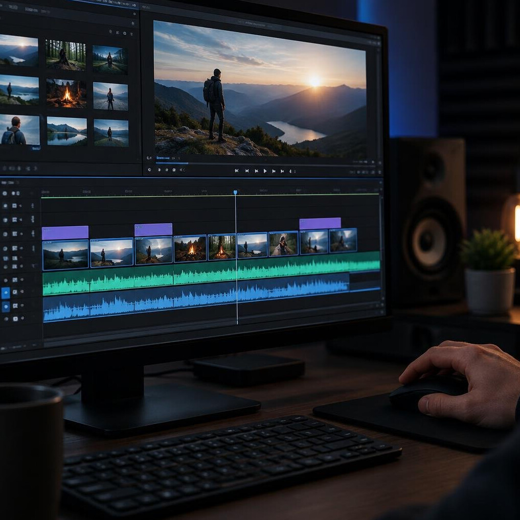 Video editor working on a timeline in editing software