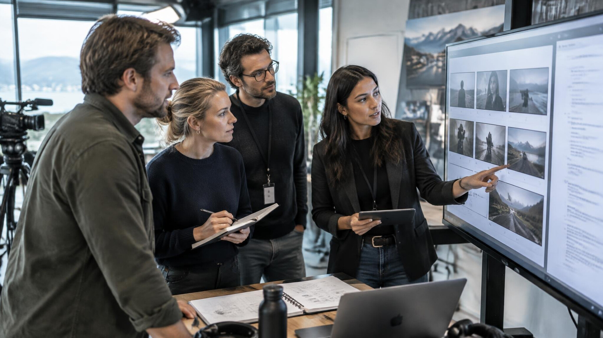 Editorial team reviewing a storyboard on a studio monitor