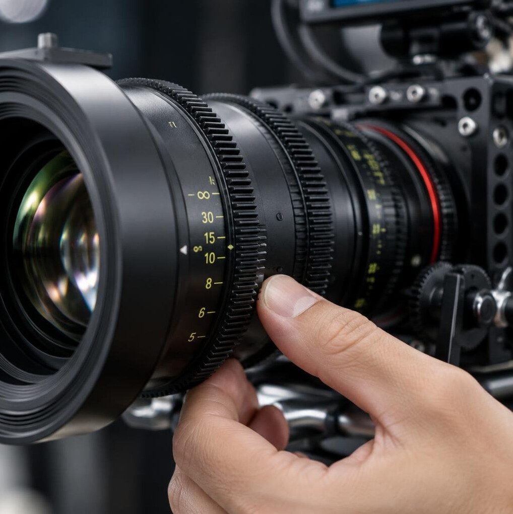 Close-up of a camera lens framing a shot