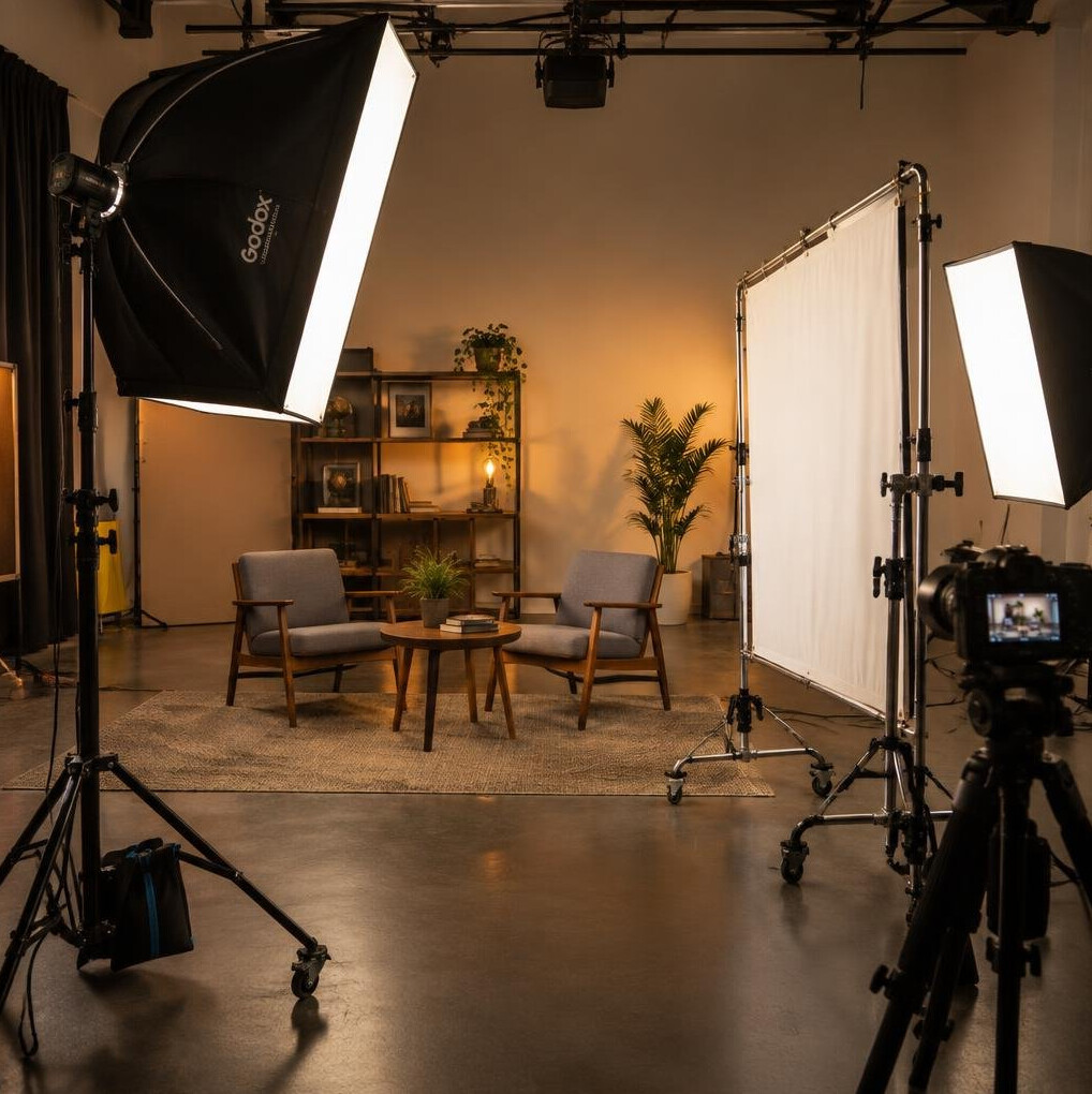 Studio lighting softbox setup in a media production room