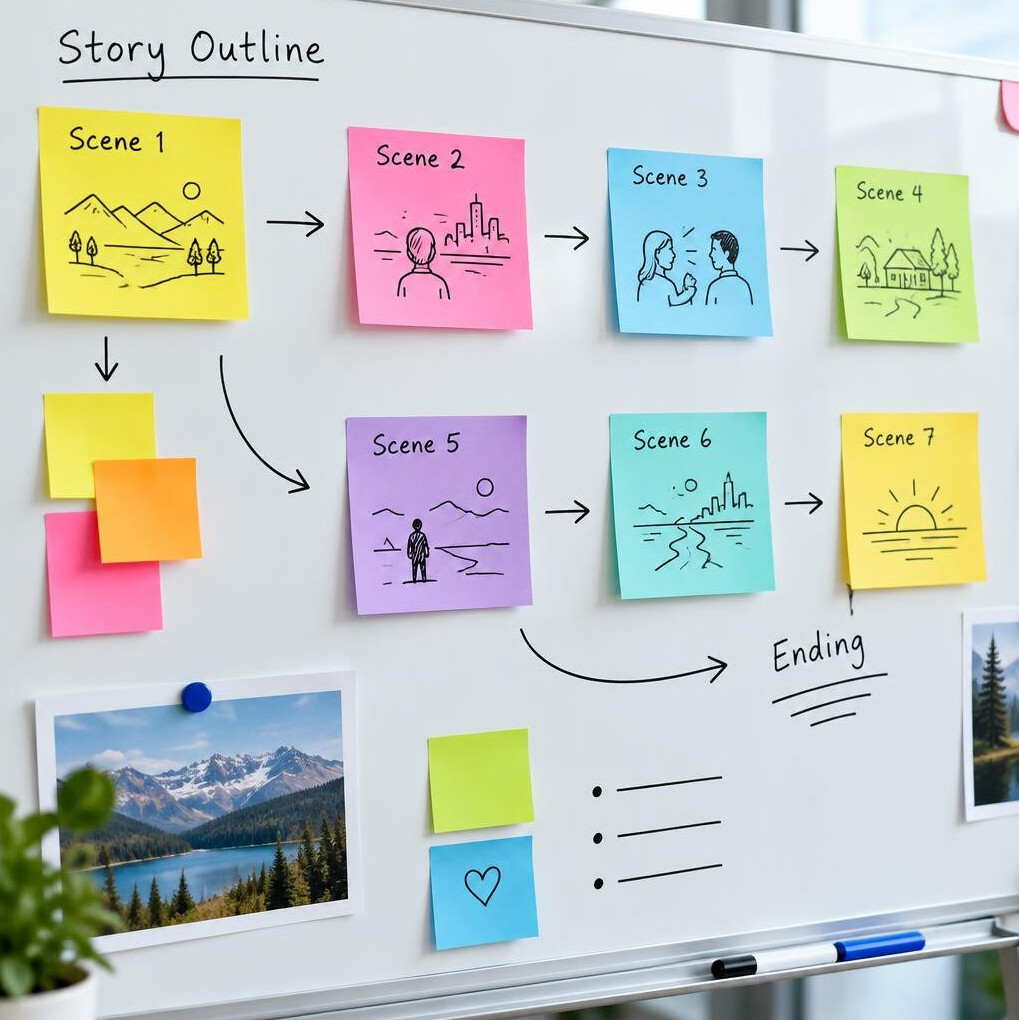 Editorial planning board with sticky notes and story outline